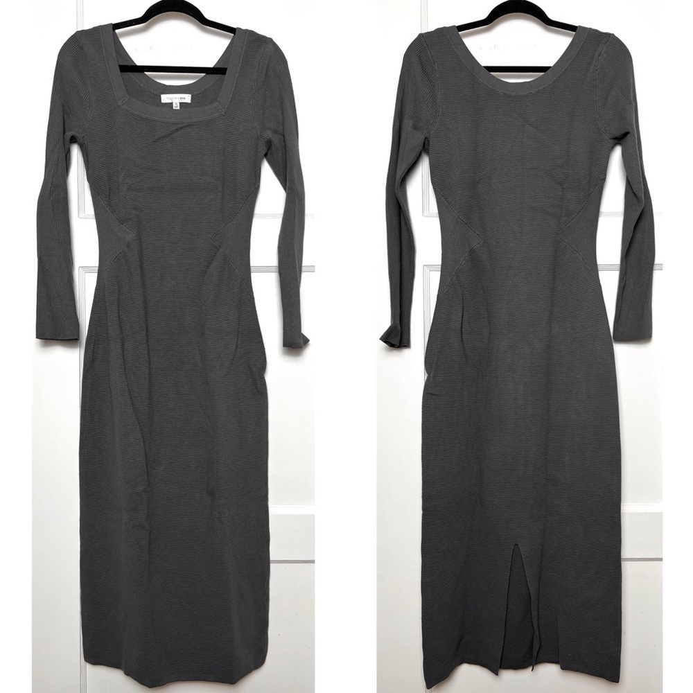 TOCCIN 90s Charcoal Rib Knit Square Neck Long Sleeve Midi Sheath Sweater Dress M - Picture 5 of 6